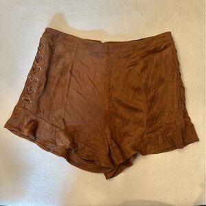 Very J Faux Suede Scalloped Lace-Up Shorts Brown M